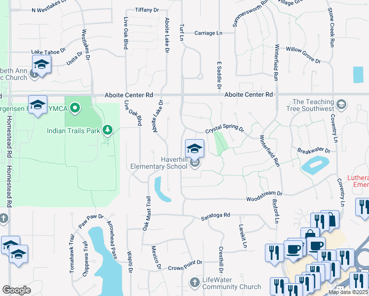 map of restaurants, bars, coffee shops, grocery stores, and more near 4611 Weatherside Run in Fort Wayne