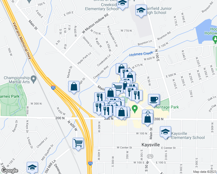 map of restaurants, bars, coffee shops, grocery stores, and more near 400 North Main Street in Kaysville