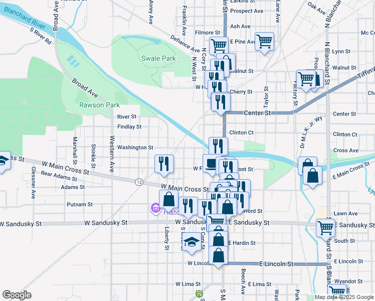 map of restaurants, bars, coffee shops, grocery stores, and more near 227 Washington Street in Findlay