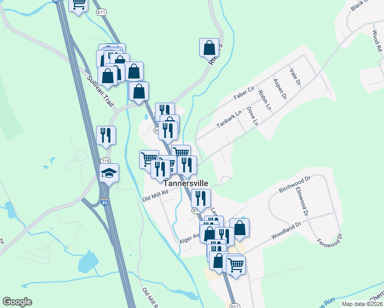 map of restaurants, bars, coffee shops, grocery stores, and more near 35 Faber Cir in Tannersville
