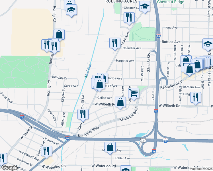 map of restaurants, bars, coffee shops, grocery stores, and more near 1274 Carey Avenue in Akron