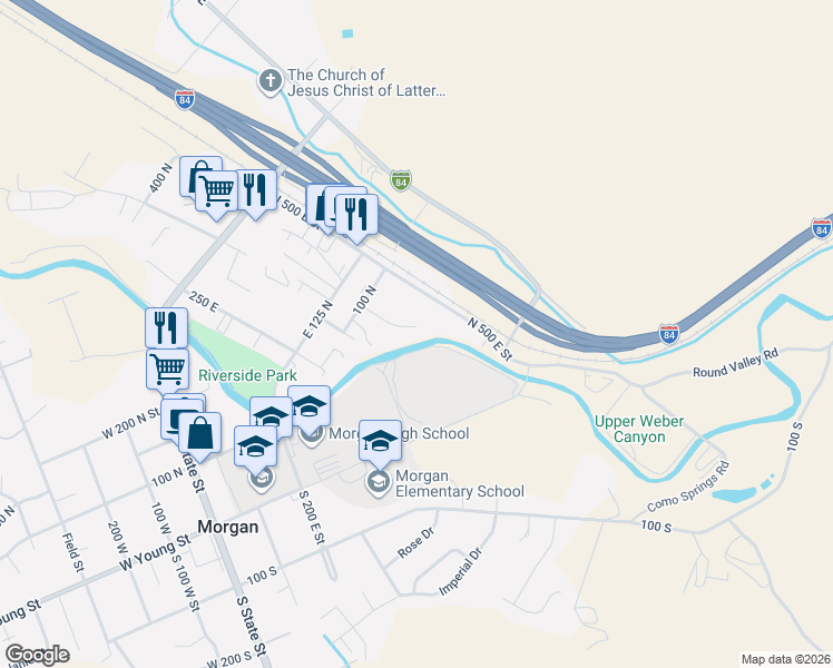 map of restaurants, bars, coffee shops, grocery stores, and more near 14 500 East in Morgan
