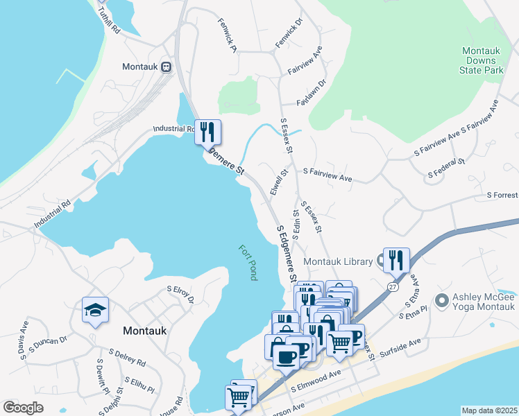map of restaurants, bars, coffee shops, grocery stores, and more near 131 Edgemere Street in Montauk