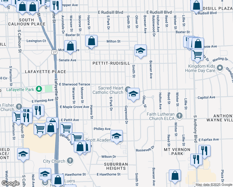 map of restaurants, bars, coffee shops, grocery stores, and more near 4628 Spatz Avenue in Fort Wayne