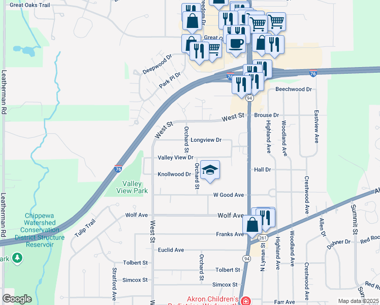 map of restaurants, bars, coffee shops, grocery stores, and more near 196 Valley View Drive in Wadsworth