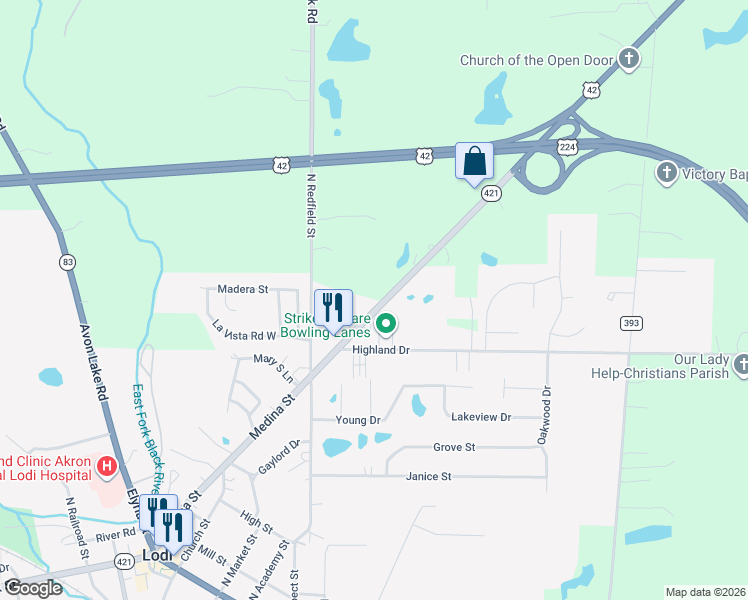 map of restaurants, bars, coffee shops, grocery stores, and more near 8504 Lafayette Road in Lodi
