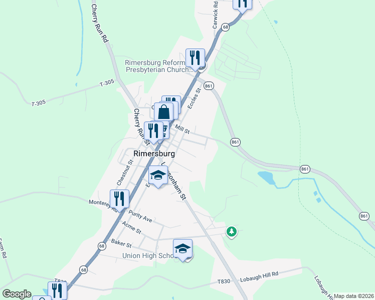 map of restaurants, bars, coffee shops, grocery stores, and more near 127 East Broad Street in Rimersburg