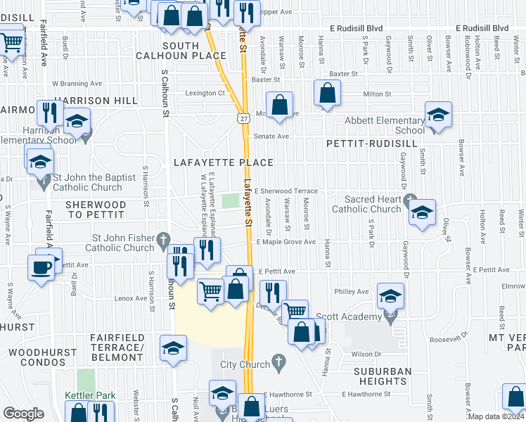 map of restaurants, bars, coffee shops, grocery stores, and more near 4632 Avondale Drive in Fort Wayne