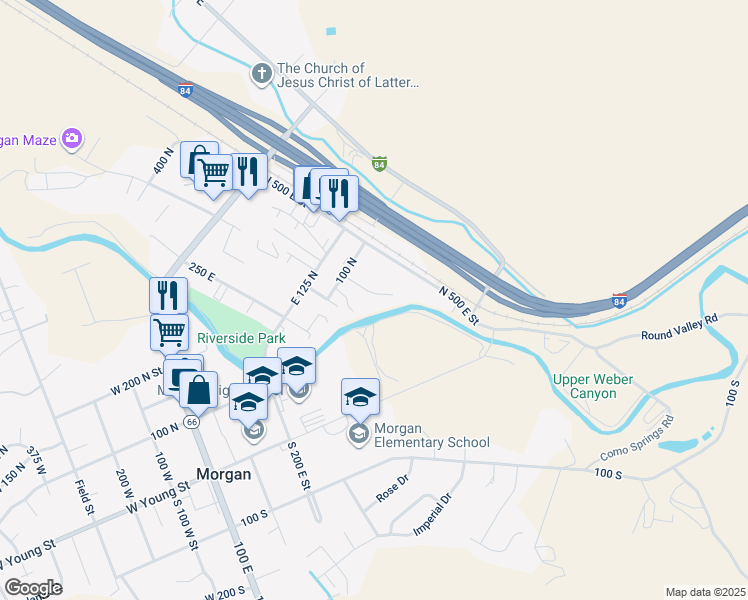 map of restaurants, bars, coffee shops, grocery stores, and more near 41 North 400 East Street in Morgan