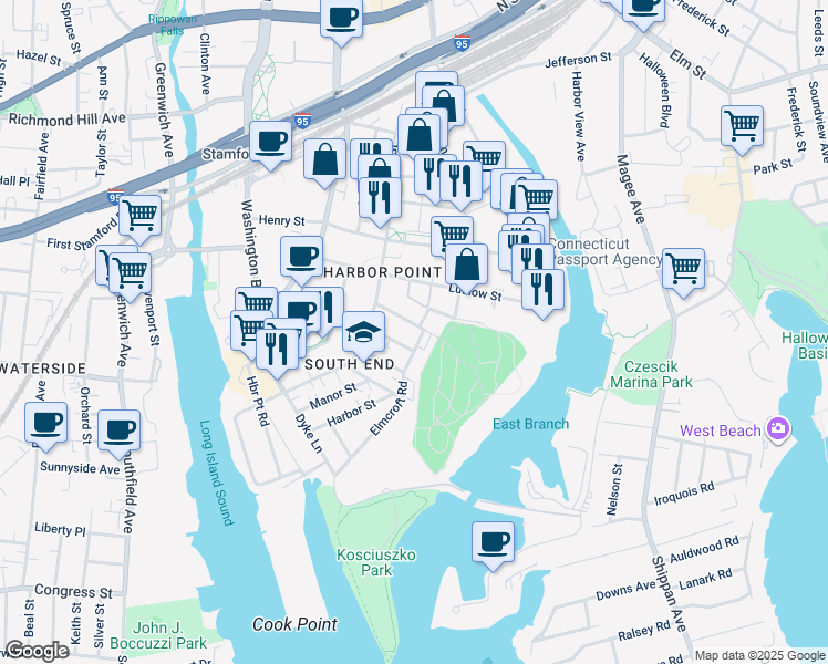 map of restaurants, bars, coffee shops, grocery stores, and more near 45 Woodland Place in Stamford