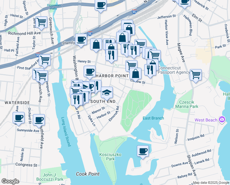 map of restaurants, bars, coffee shops, grocery stores, and more near 18 East Walnut Street in Stamford
