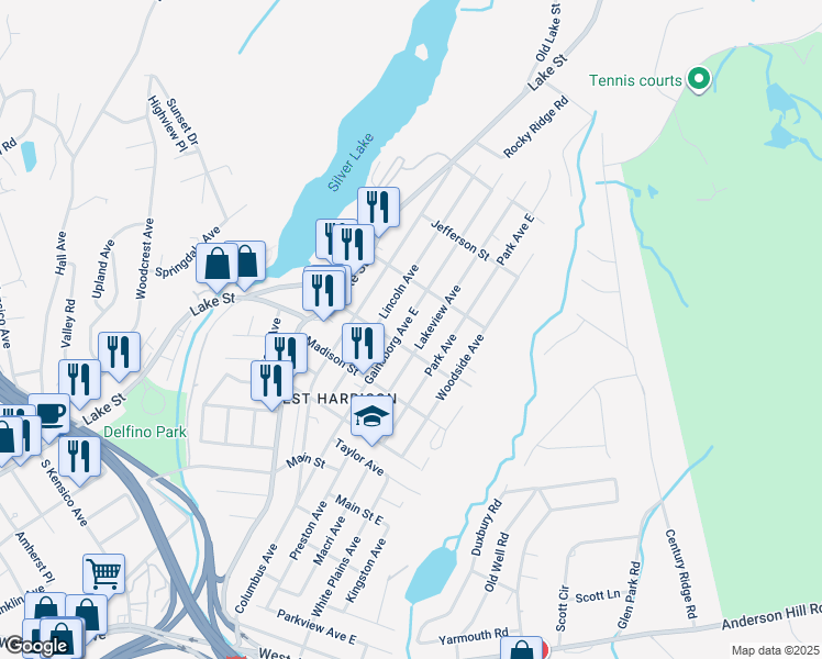 map of restaurants, bars, coffee shops, grocery stores, and more near 95 Lakeview Avenue in Harrison