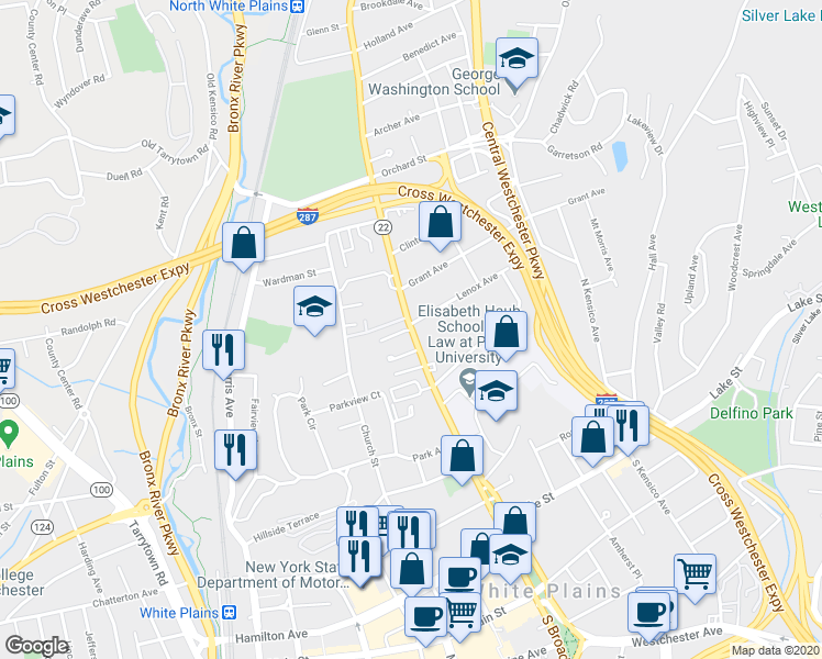 map of restaurants, bars, coffee shops, grocery stores, and more near 107 New York 22 in White Plains