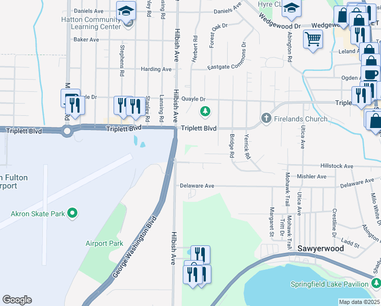map of restaurants, bars, coffee shops, grocery stores, and more near 737 George Washington Boulevard in Akron