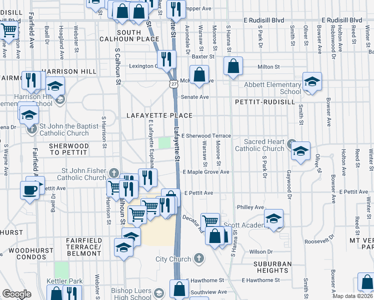 map of restaurants, bars, coffee shops, grocery stores, and more near 4644 Avondale Drive in Fort Wayne