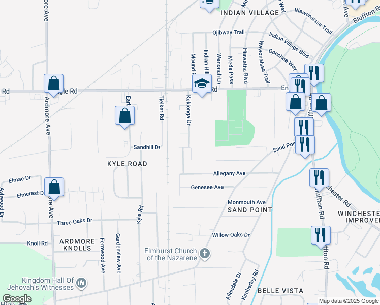 map of restaurants, bars, coffee shops, grocery stores, and more near 4613 Kekionga Drive in Fort Wayne