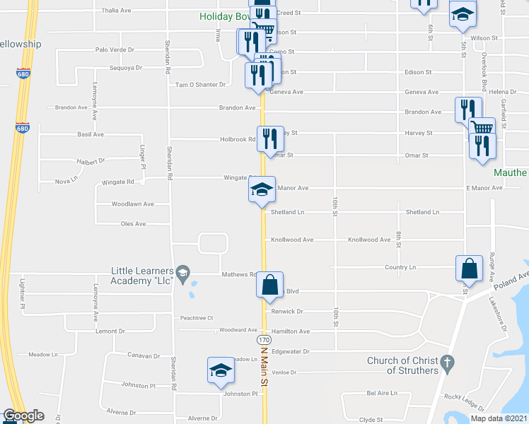 map of restaurants, bars, coffee shops, grocery stores, and more near 15 Shetland Lane in Youngstown