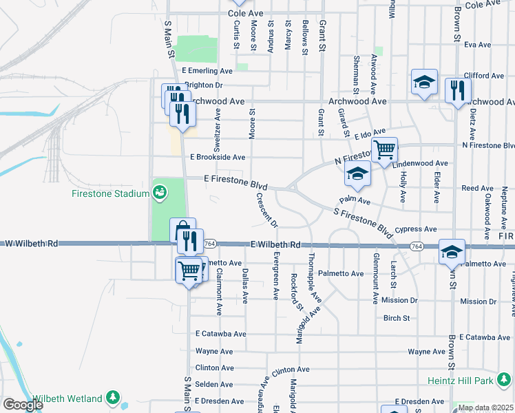 map of restaurants, bars, coffee shops, grocery stores, and more near 144 Crescent Drive in Akron