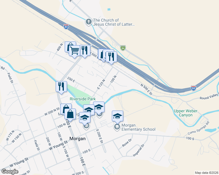 map of restaurants, bars, coffee shops, grocery stores, and more near 300 East 100 North Street in Morgan