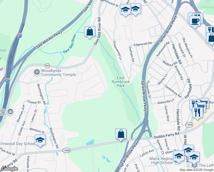 map of restaurants, bars, coffee shops, grocery stores, and more near 111 Parkview Road in Elmsford