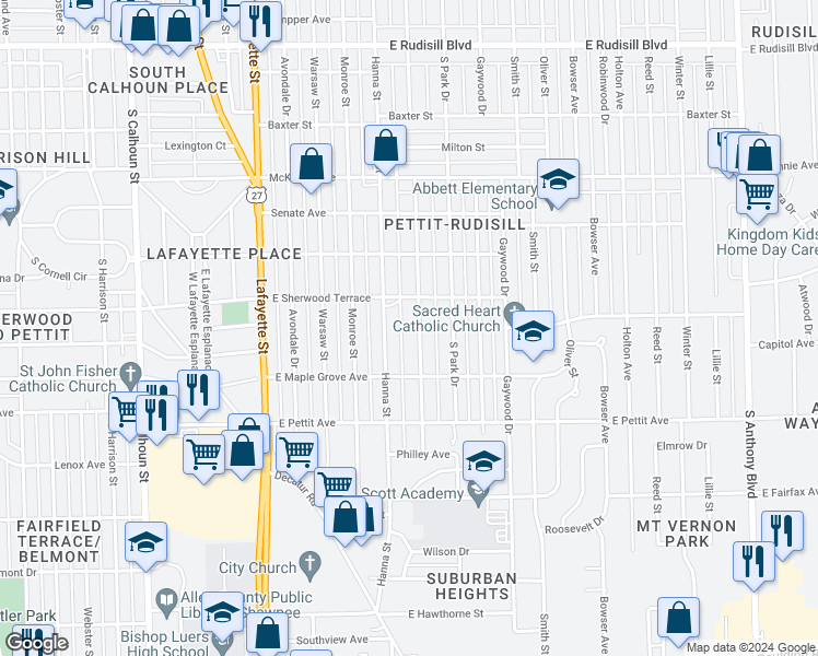 map of restaurants, bars, coffee shops, grocery stores, and more near 4630 Weisser Park Avenue in Fort Wayne