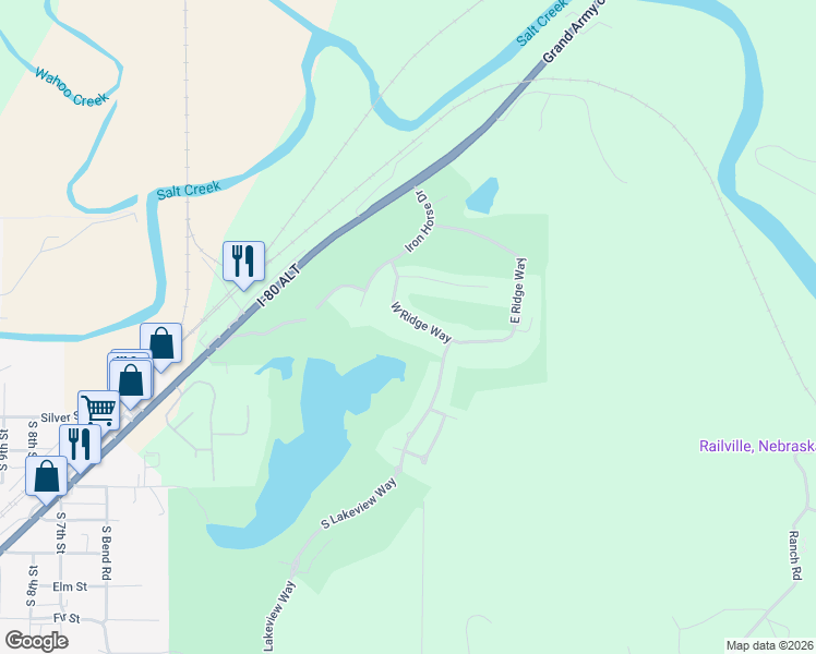 map of restaurants, bars, coffee shops, grocery stores, and more near 1303 West Ridge Way in Ashland
