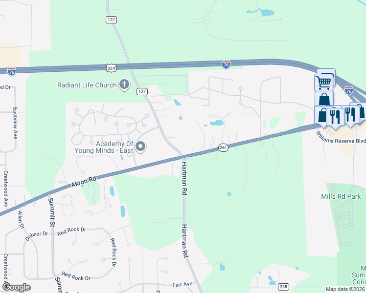 map of restaurants, bars, coffee shops, grocery stores, and more near 684 Akron Road in Wadsworth