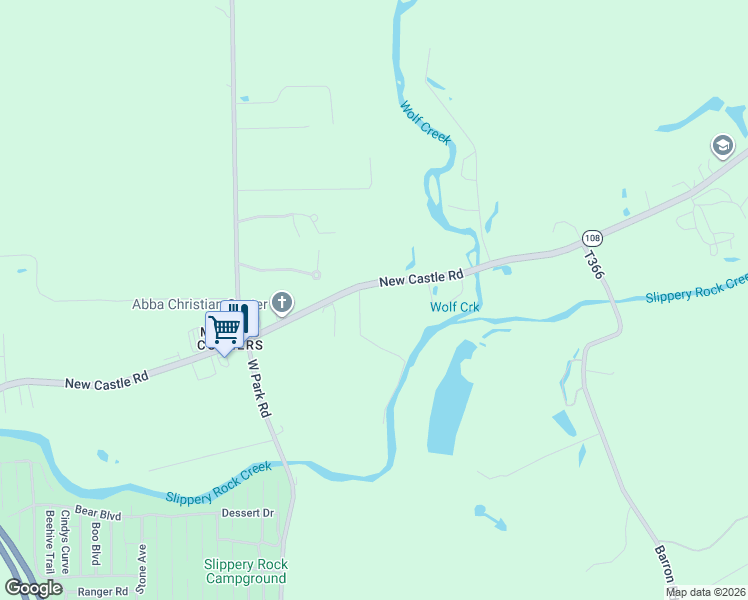 map of restaurants, bars, coffee shops, grocery stores, and more near 857 New Castle Road in Slippery Rock