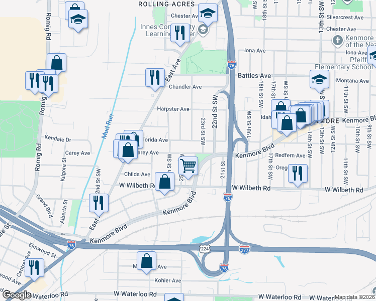 map of restaurants, bars, coffee shops, grocery stores, and more near 2290 24th Street Southwest in Akron