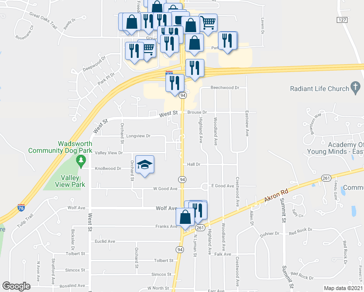 map of restaurants, bars, coffee shops, grocery stores, and more near 698 Highway 94 in Wadsworth