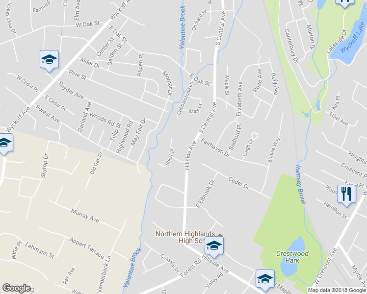 map of restaurants, bars, coffee shops, grocery stores, and more near 545 Hillside Avenue in Allendale