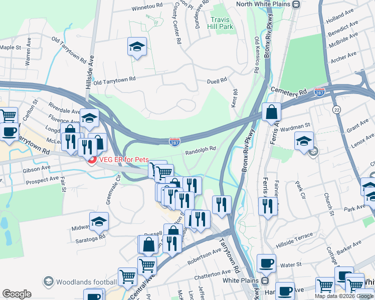 map of restaurants, bars, coffee shops, grocery stores, and more near 94 County Center Road in White Plains