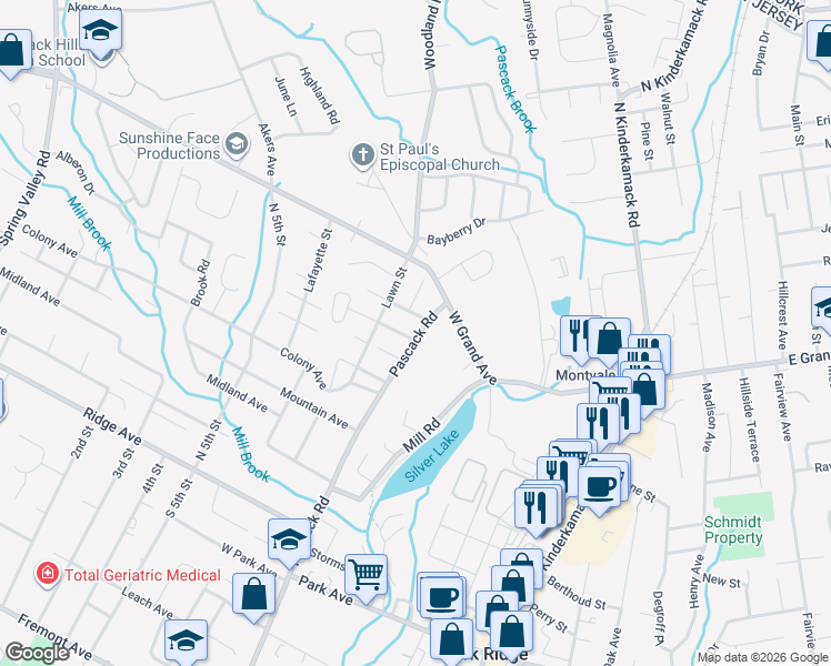 map of restaurants, bars, coffee shops, grocery stores, and more near 223 Pascack Road in Park Ridge