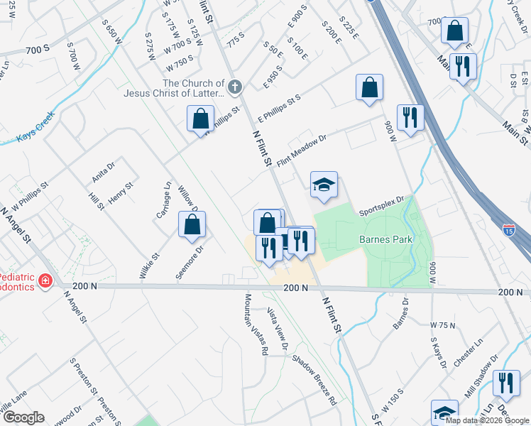 map of restaurants, bars, coffee shops, grocery stores, and more near 1477 North Flint Court in Kaysville