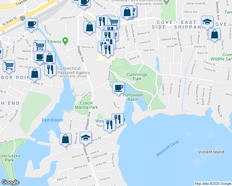 map of restaurants, bars, coffee shops, grocery stores, and more near 14 Ingall Street in Stamford