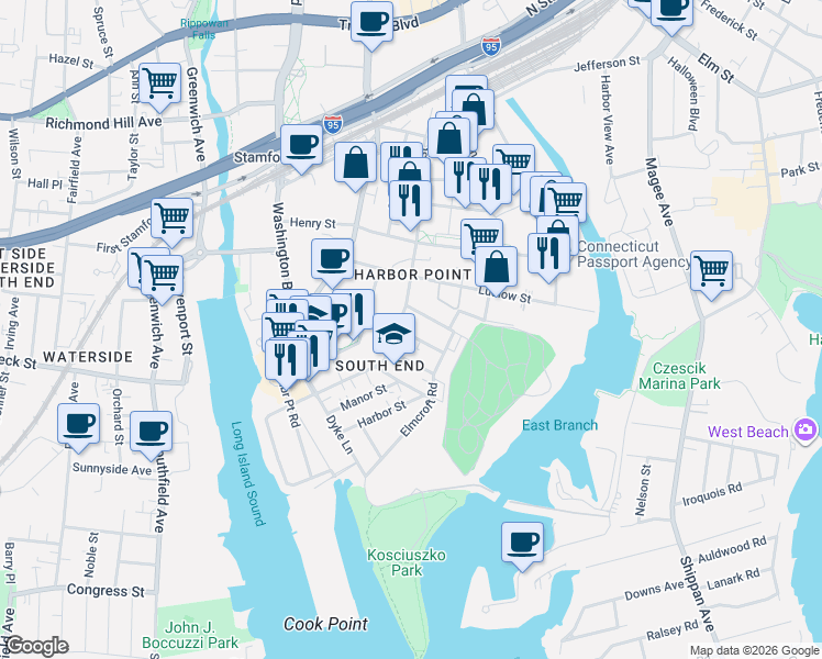 map of restaurants, bars, coffee shops, grocery stores, and more near 18 East Walnut Street in Stamford