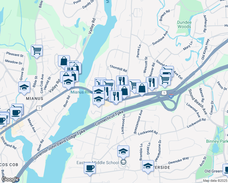 map of restaurants, bars, coffee shops, grocery stores, and more near 13 Riverside Lane in Greenwich