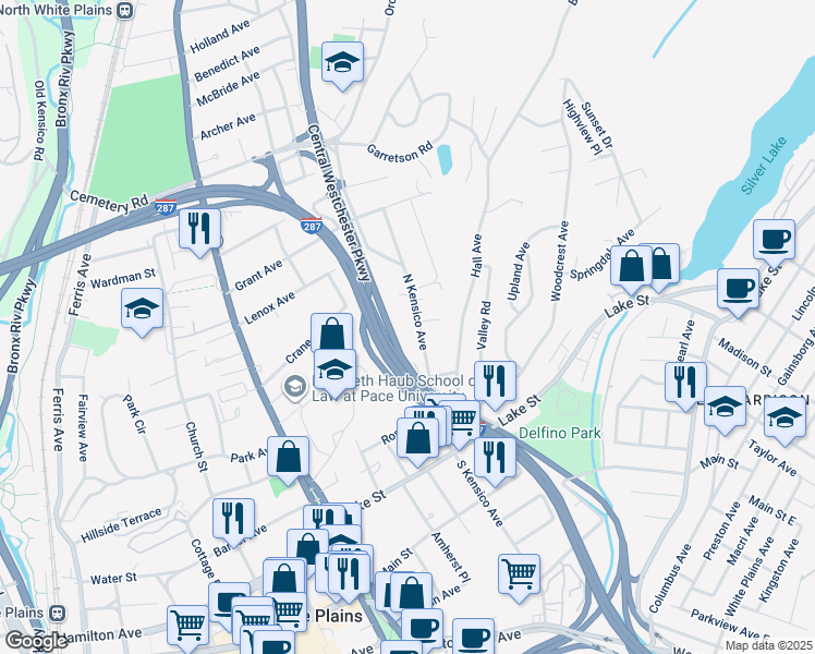 map of restaurants, bars, coffee shops, grocery stores, and more near 99 North Kensico Avenue in White Plains