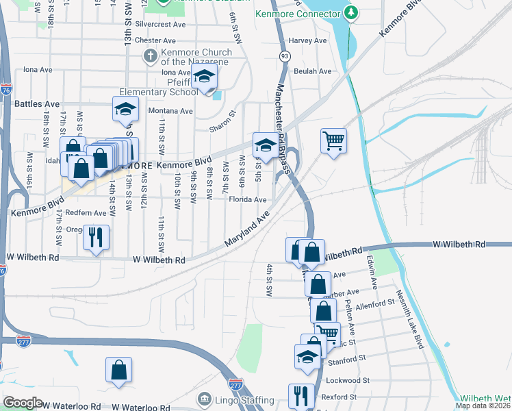 map of restaurants, bars, coffee shops, grocery stores, and more near 2277 5th Street Southwest in Akron