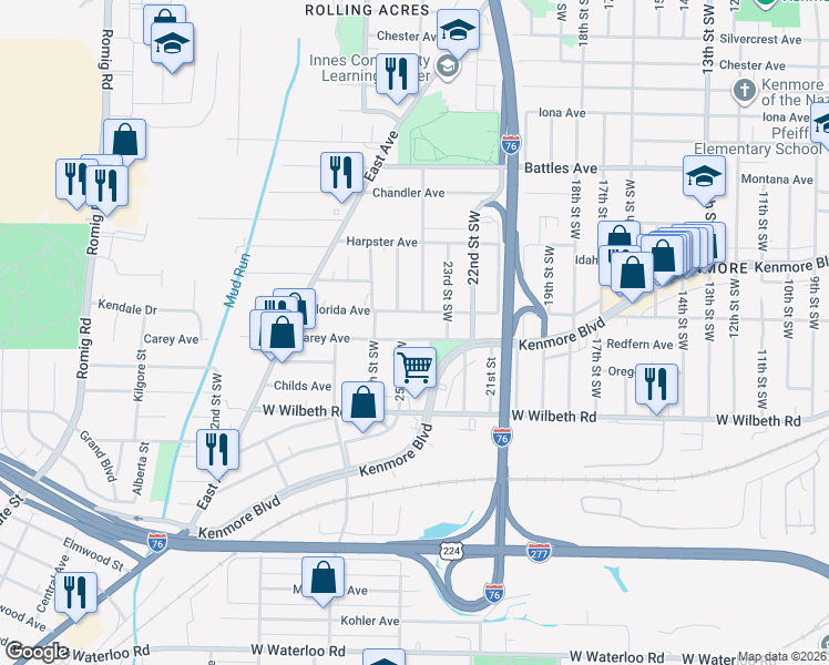 map of restaurants, bars, coffee shops, grocery stores, and more near 2290 24th Street Southwest in Akron