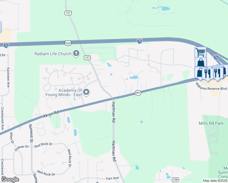 map of restaurants, bars, coffee shops, grocery stores, and more near 684 Akron Road in Wadsworth