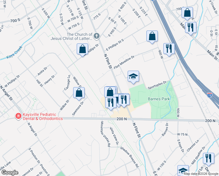 map of restaurants, bars, coffee shops, grocery stores, and more near 1477 North Flint Court in Kaysville