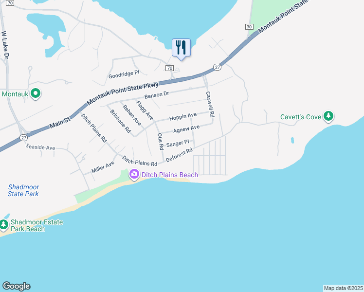 map of restaurants, bars, coffee shops, grocery stores, and more near 49 Deforest Road in Montauk