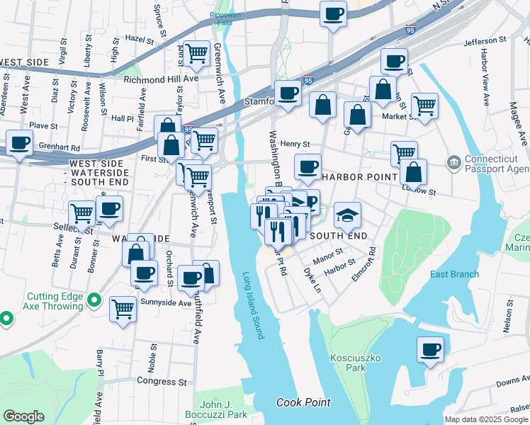 map of restaurants, bars, coffee shops, grocery stores, and more near 10 Atlantic Street in Stamford