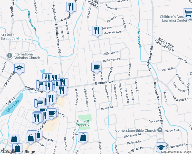map of restaurants, bars, coffee shops, grocery stores, and more near 9 Hillcrest Avenue in Montvale