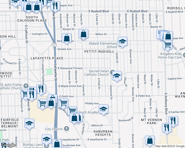 map of restaurants, bars, coffee shops, grocery stores, and more near 4623 Weisser Park Avenue in Fort Wayne