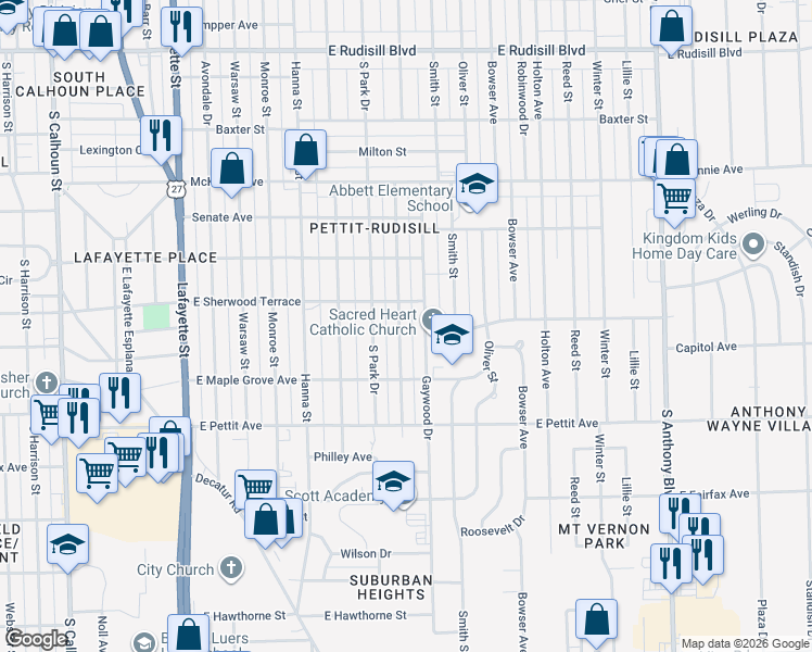 map of restaurants, bars, coffee shops, grocery stores, and more near 4621 Spatz Avenue in Fort Wayne