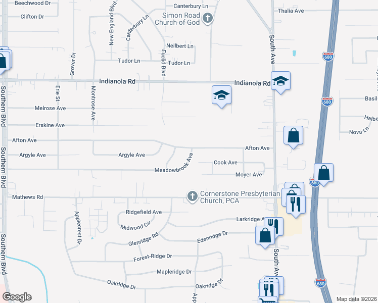 map of restaurants, bars, coffee shops, grocery stores, and more near 483 Meadowbrook Avenue in Youngstown
