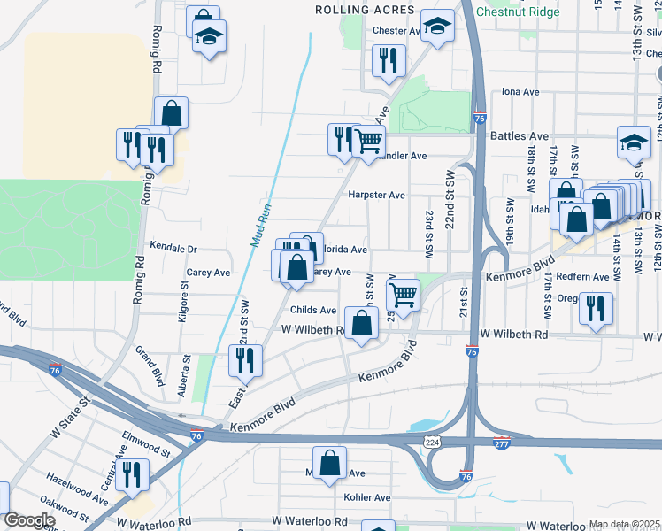 map of restaurants, bars, coffee shops, grocery stores, and more near 1274 Carey Avenue in Akron