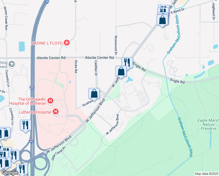map of restaurants, bars, coffee shops, grocery stores, and more near 7616 West Jefferson Boulevard in Fort Wayne